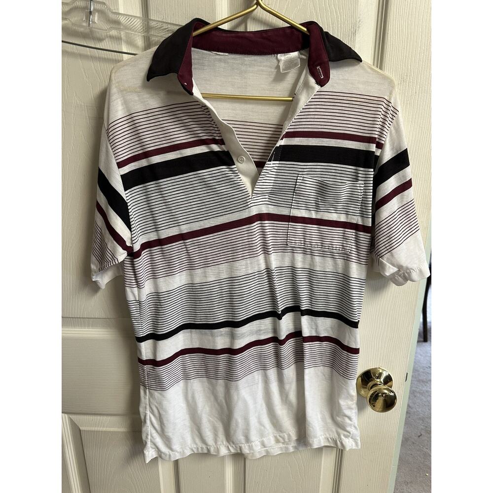 VNT 70s JC-Penny MOD Striped Polo Golf Shirt Small White Blue Red Pocket Thin